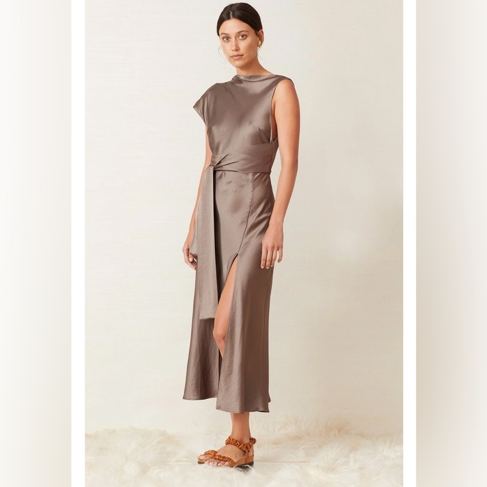 Bec & Bridge Piper Asymetrical Midi Dress in taupe